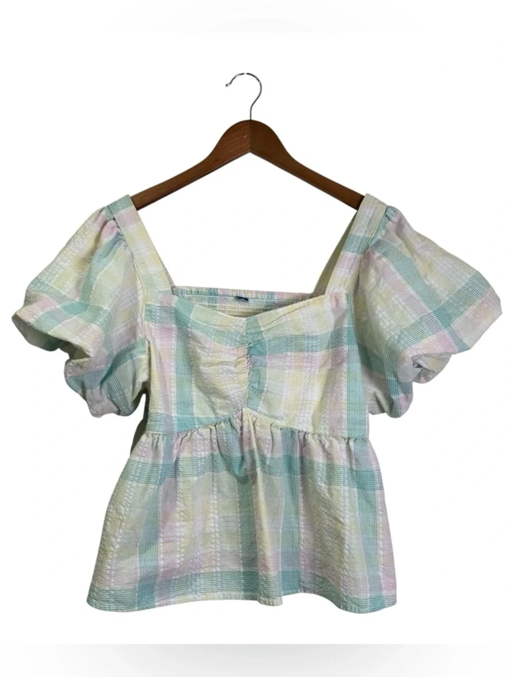 Old Navy Women’s L Pastel Puff-Sleeve Seersucker Babydoll Milkmaid Swing Blouse